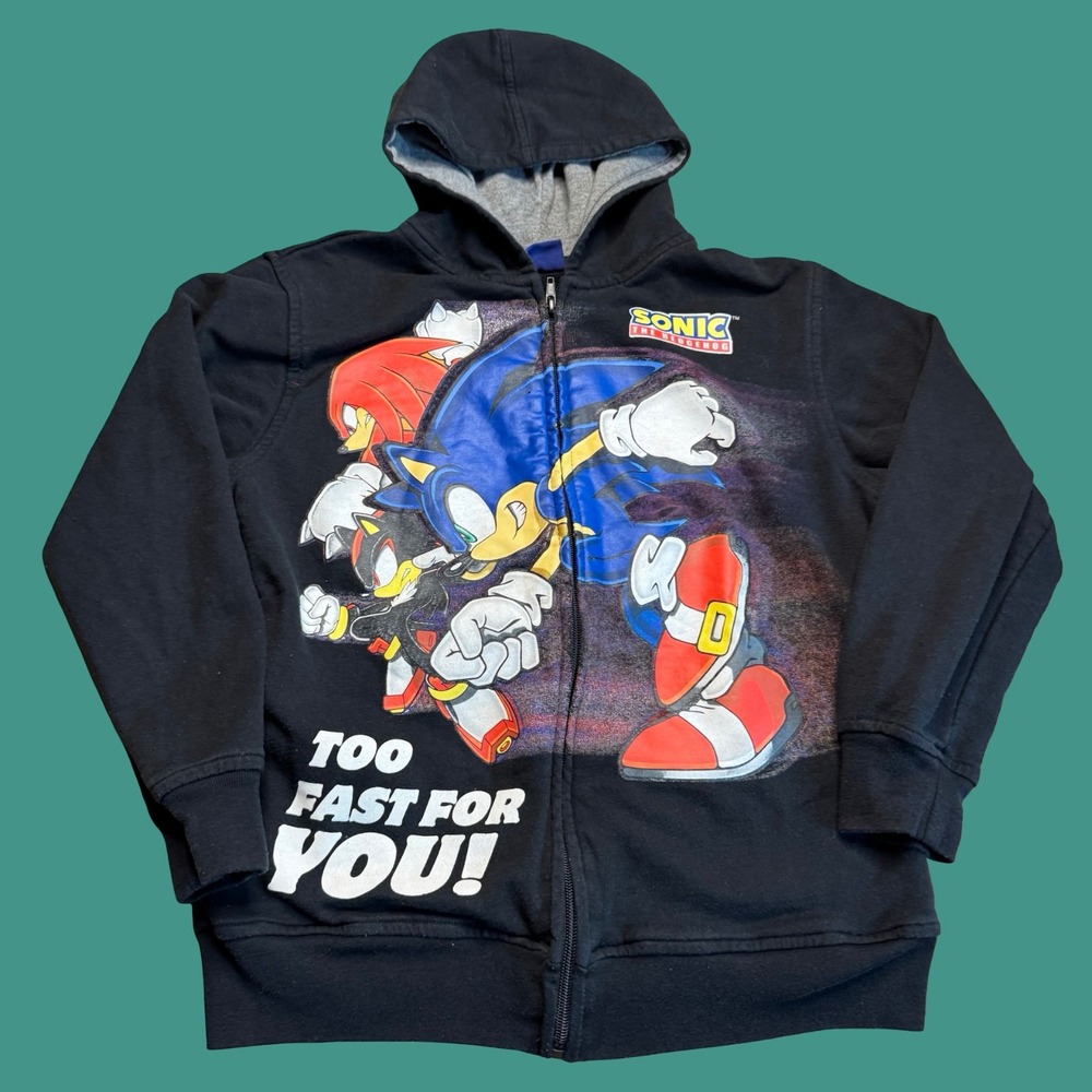 Sonic The Hedgehog Hoodie Youth L Black Full Zip Sega Knuckles Graphic Jacket